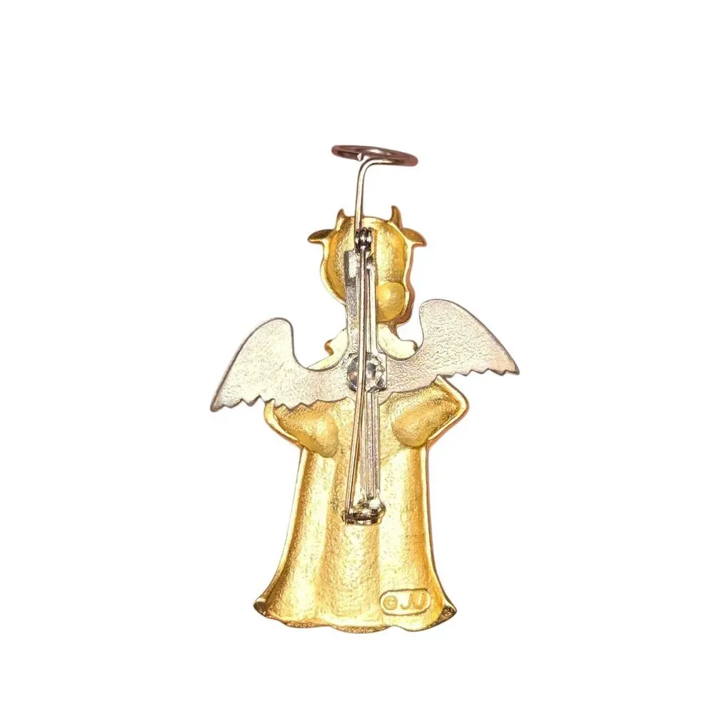 J.J. Jonette Jewelry Brass Pewter Moving Wings & Halo Angel Cow Brooch 2.5